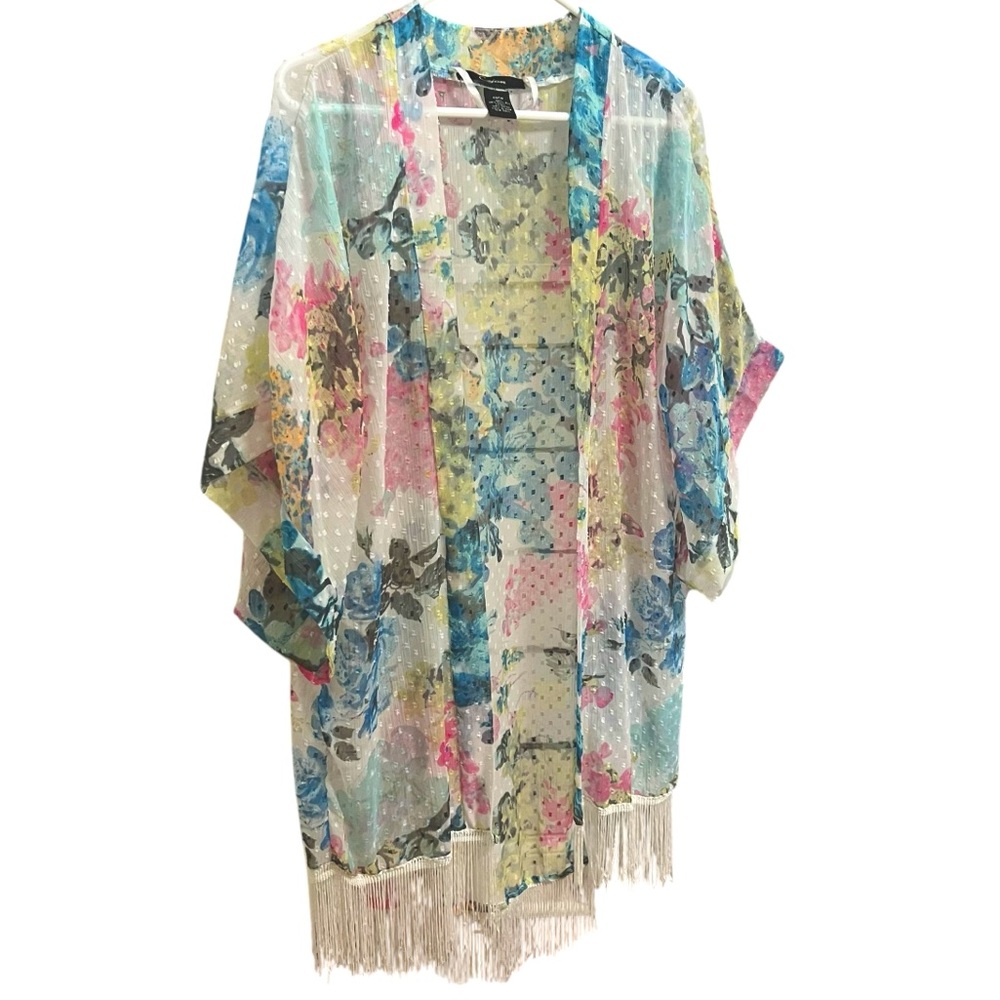 CEJON WOMENS SHEER VIBRANT FLORAL PRINT SWIMSUIT KIMONO TASSEL COVERUP OS